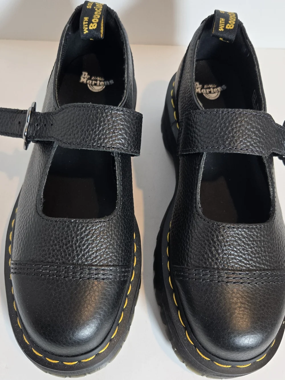Dr. Martens Black Leather Mary Jane Shoes with Yellow Stitching